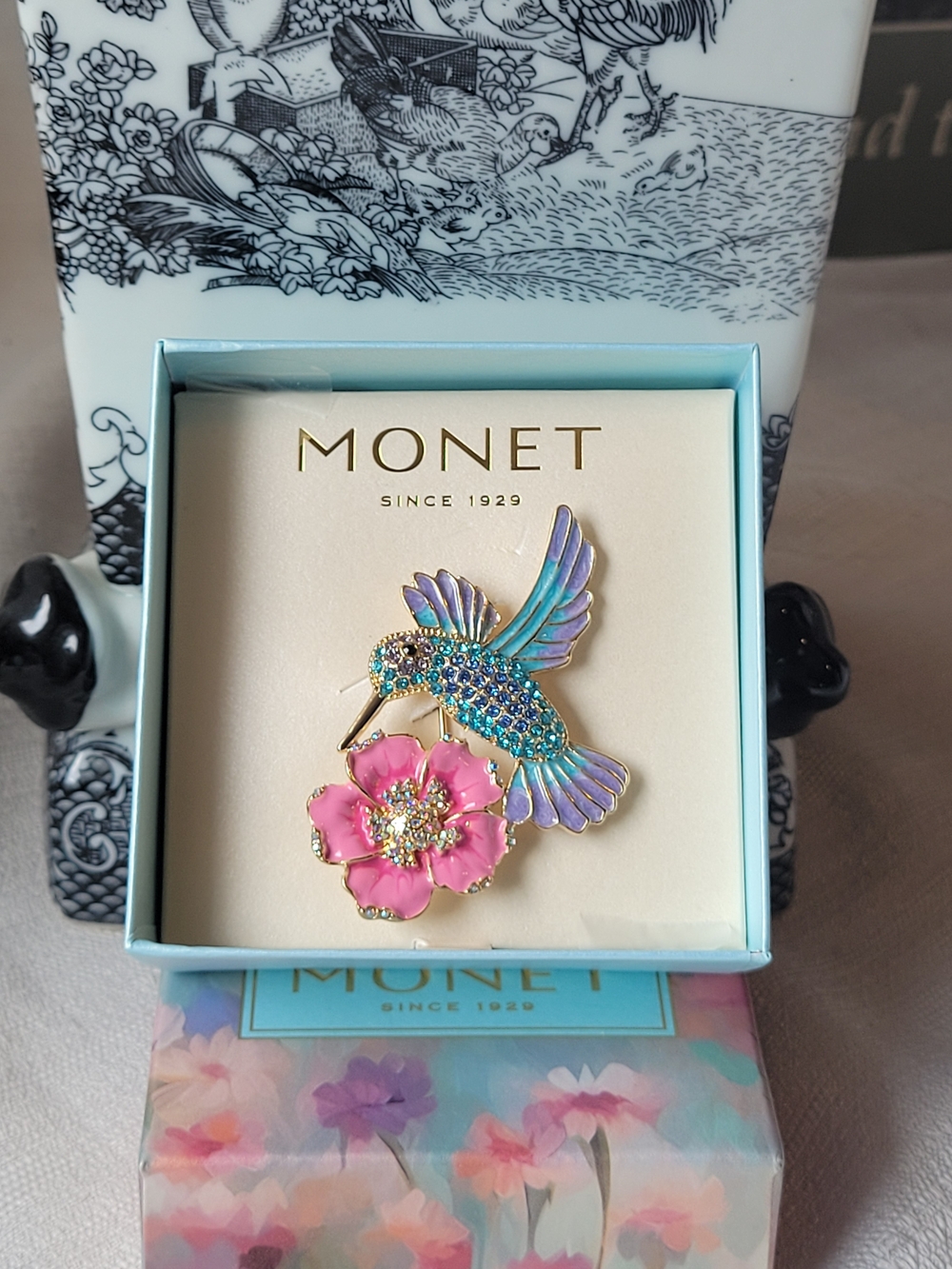 Monet Hummingbird &  Flower Brooch